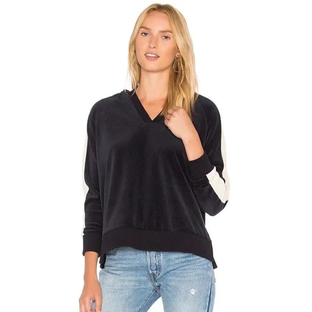 New 525 America Pullover Hoodie Navy Blue Oversized Velour Striped Sleeve Small